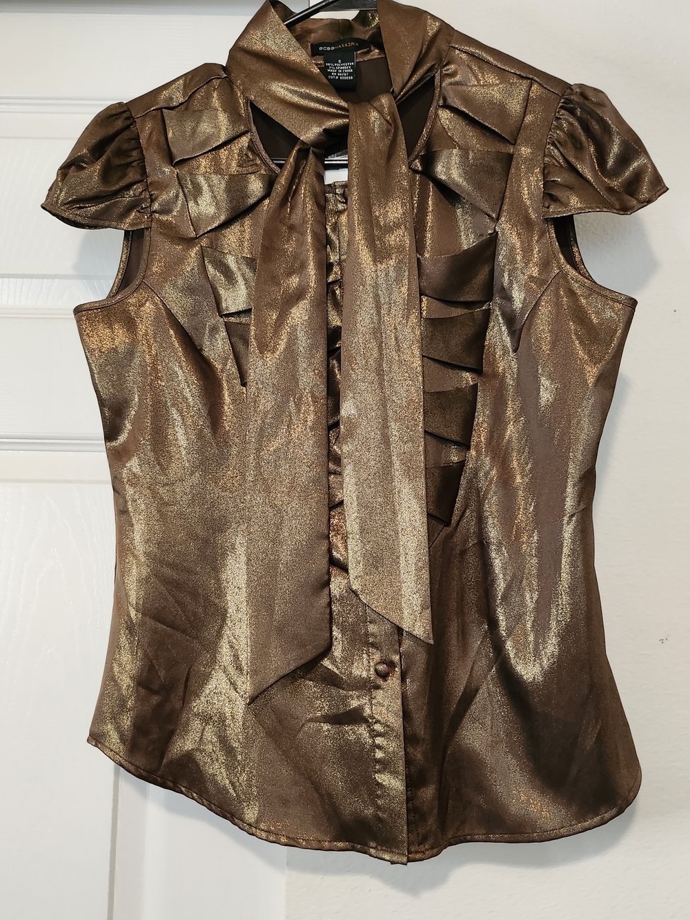 BCBGMaxAzria Metallic Bronze Bow Tie Cap Sleeve Blouse